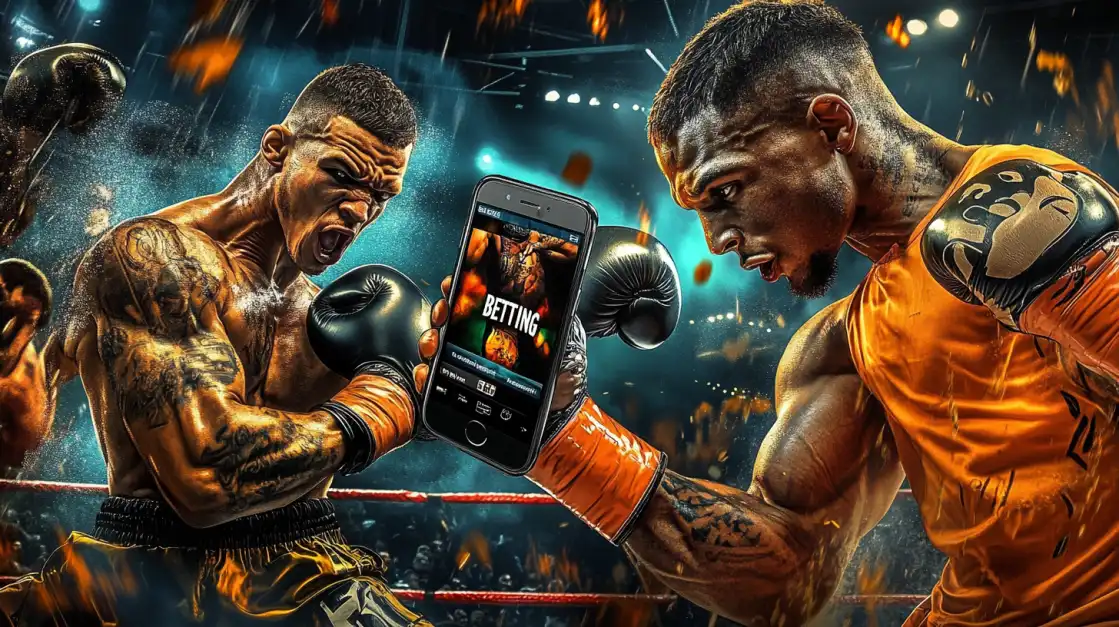Dois boxeadores se enfrentam no ringue enquanto um deles segura um smartphone exibindo a tela de apostas do aplicativo 919bet, ideal para apostas em lutas de boxe e MMA.