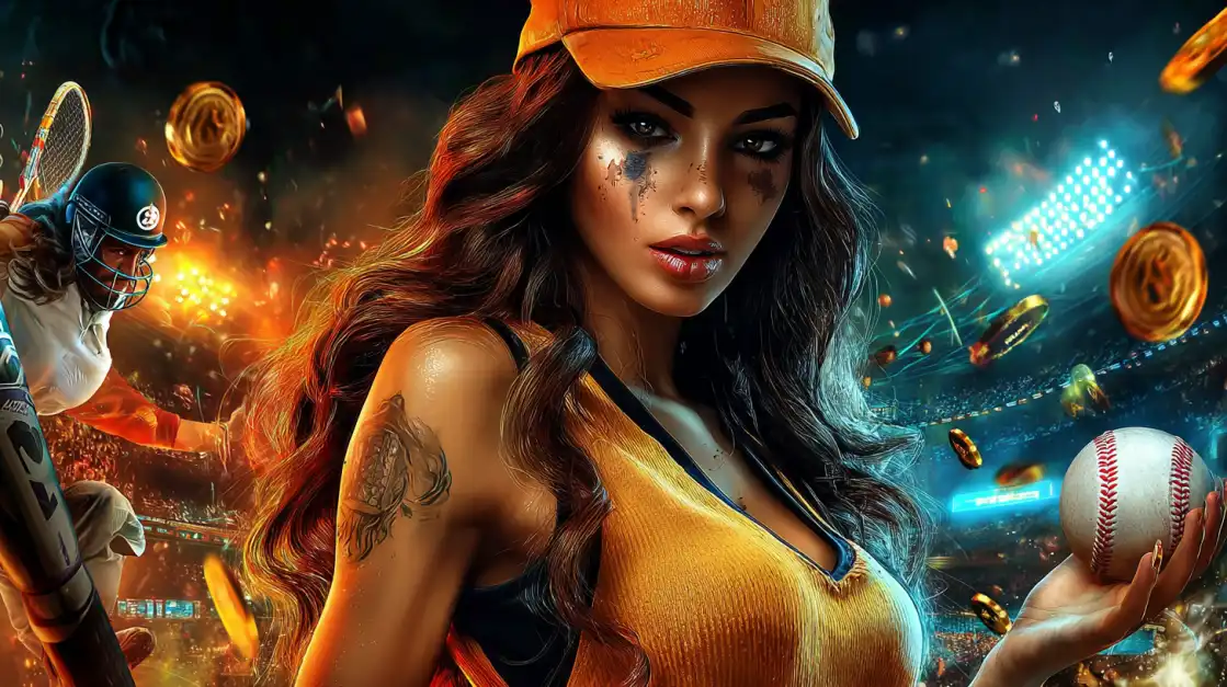 Mulher com um boné de beisebol segura uma bola em um cenário de estádio, representando a variedade de apostas esportivas, incluindo beisebol e tênis, disponíveis na plataforma 919bet.