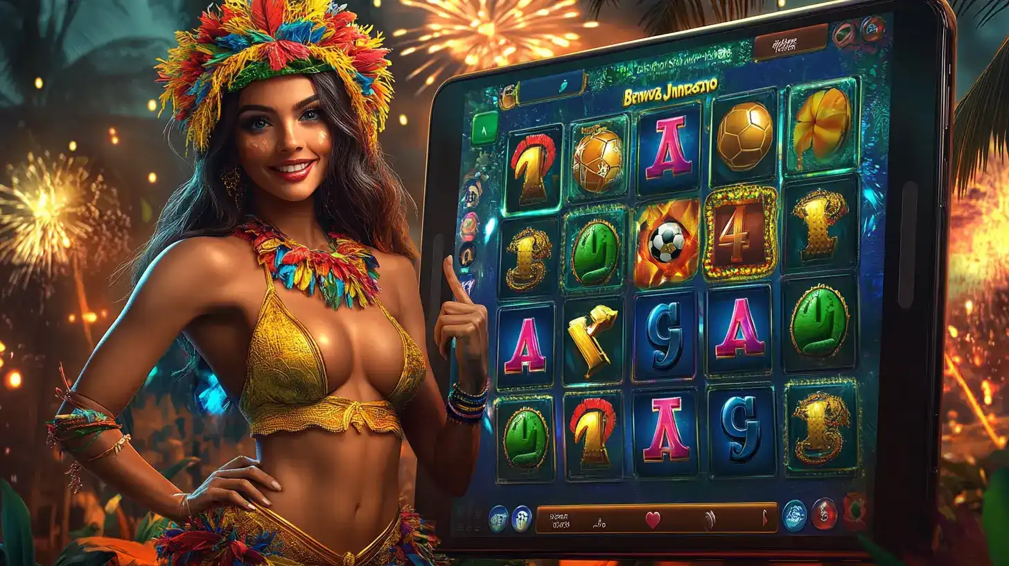 Mulher sorridente com uma fantasia de carnaval brasileiro colorida, dando um joinha ao lado de uma grande tela com um jogo de caça-níquel temático do Brasil na plataforma 919bet.