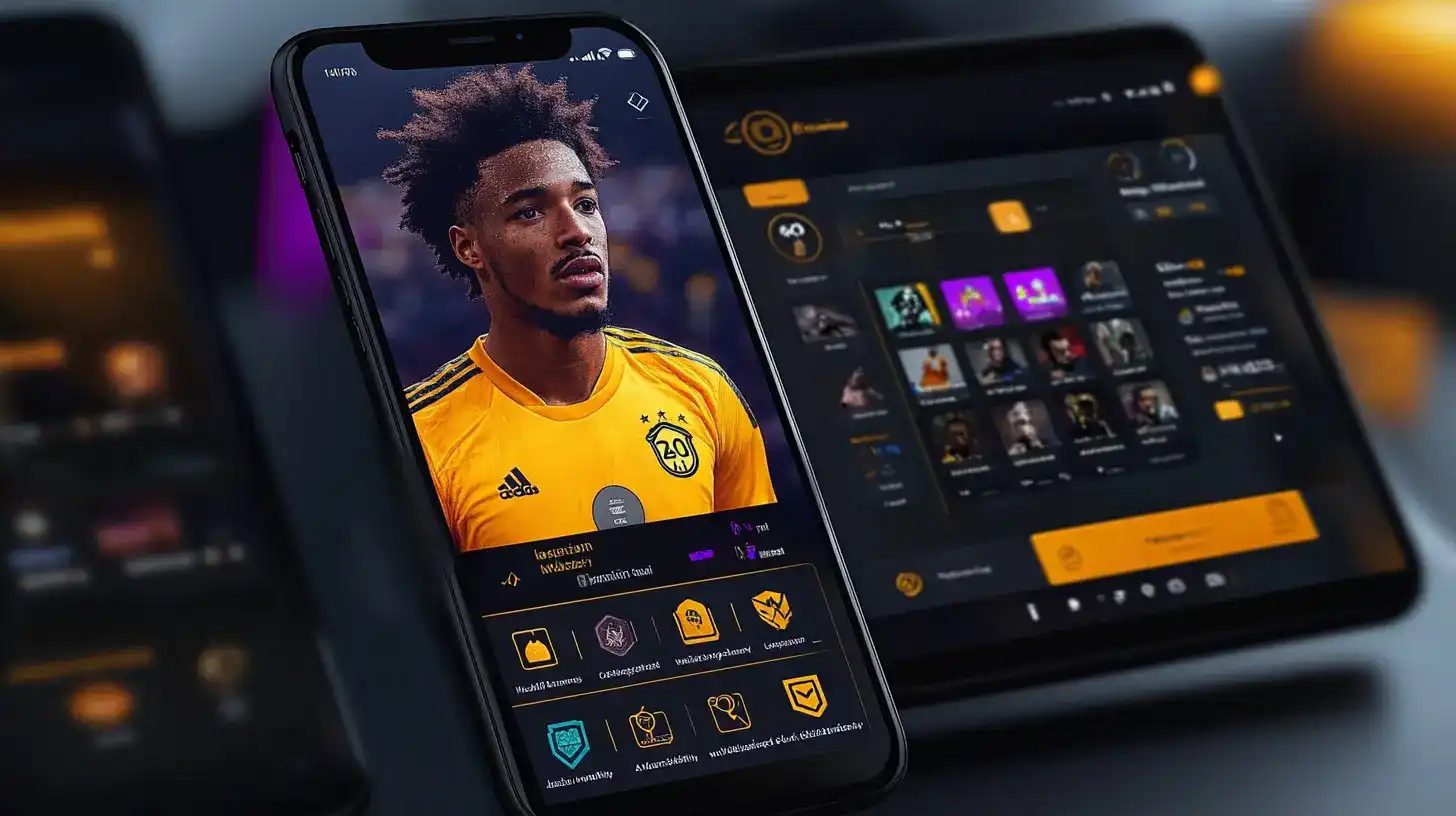 Close-up do aplicativo de apostas esportivas 919bet em um celular e tablet, mostrando o perfil de um jogador de futebol e as diversas opções de apostas e estatísticas disponíveis.
