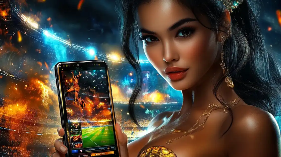 Mulher segurando um smartphone que exibe a interface de apostas esportivas do 919bet, com um campo de futebol na tela e um estádio lotado e em chamas ao fundo.