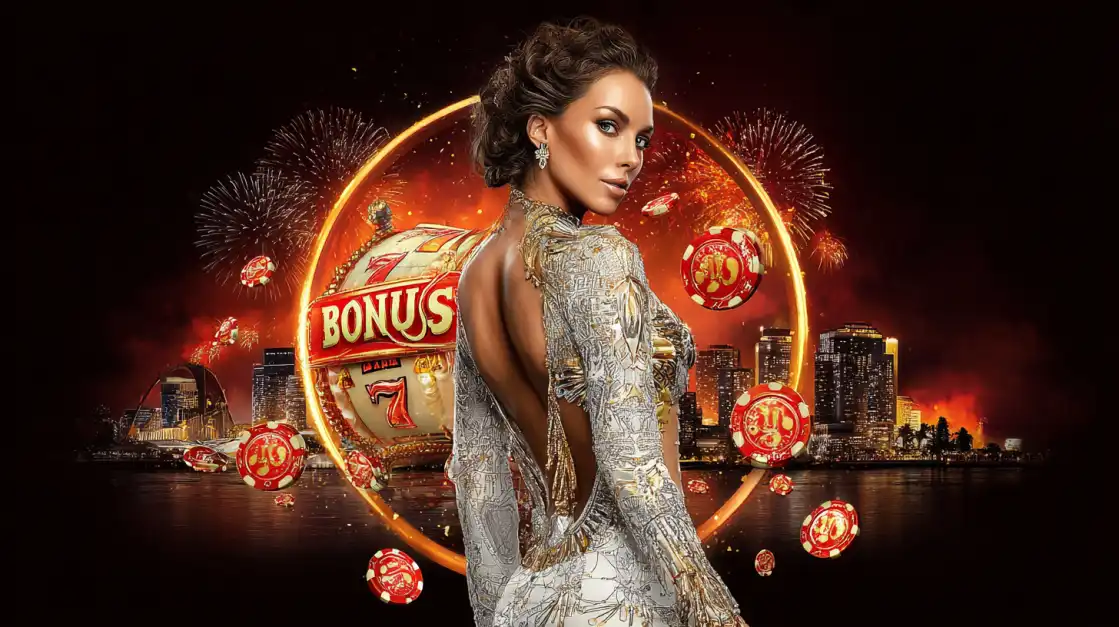 Mulher elegante com um vestido de gala em frente a uma cidade noturna e fogos de artifício, com uma roleta de bônus do cassino 919bet e fichas de cassino flutuando ao redor.