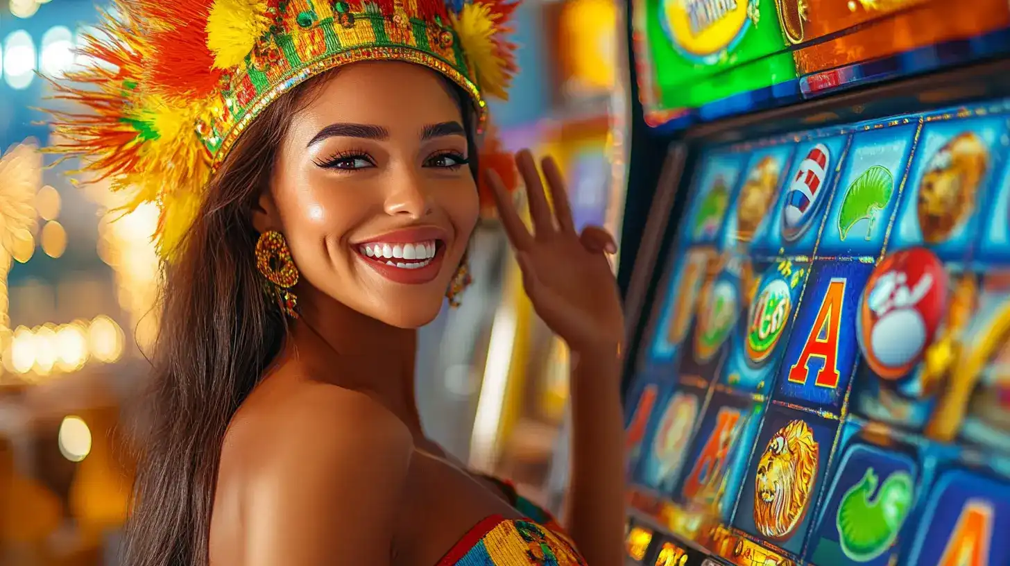 Mulher linda e sorridente usando um cocar de penas coloridas se diverte ao lado de uma máquina caça-níquel, mostrando a experiência vibrante e alegre de jogar no cassino 919bet.