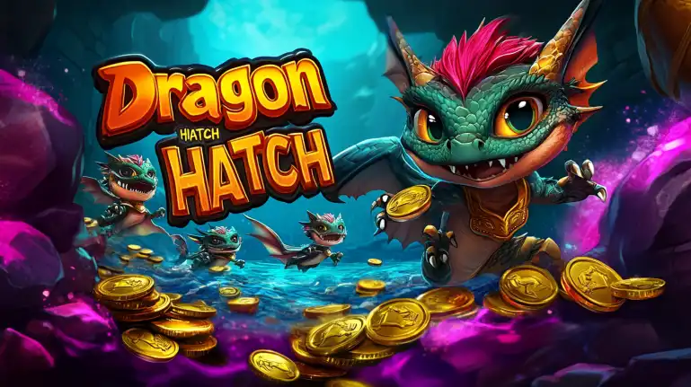 Um dragão bebê verde e fofo do jogo de slot Dragon Hatch, rodeado de tesouros e moedas de ouro, representando os prêmios que esperam por você no cassino online 919bet.