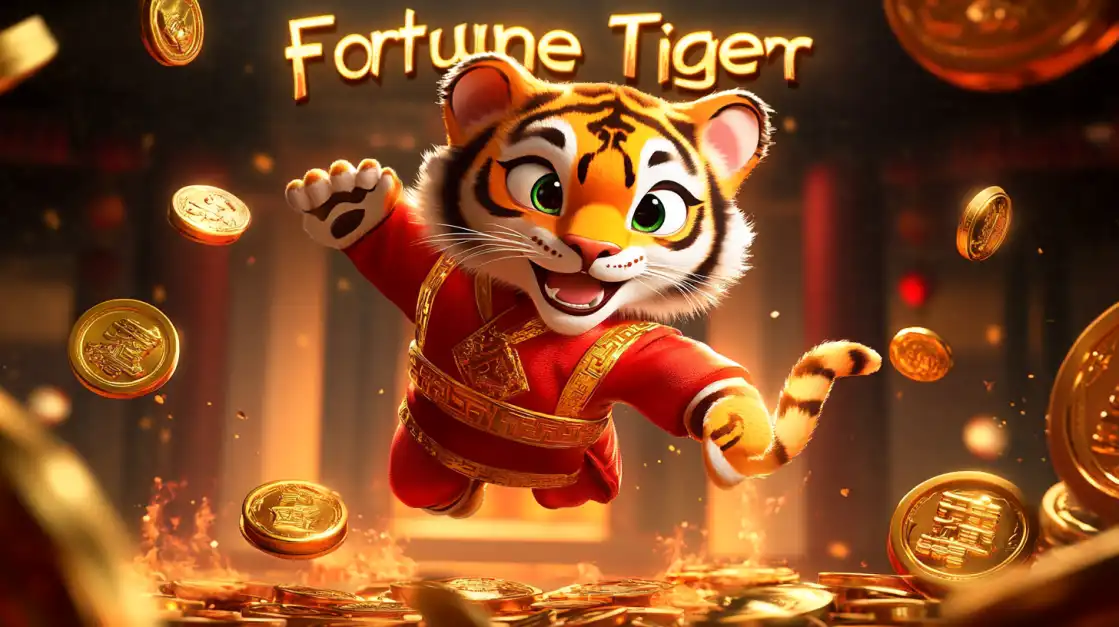 O personagem principal do jogo Fortune Tiger, um tigre animado e sorridente em roupas tradicionais, pula entre moedas de ouro, convidando para jogar este slot de sucesso no 919bet.