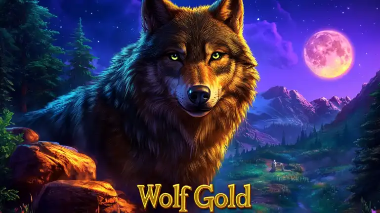 Um lobo majestoso com olhos brilhantes em uma paisagem noturna com a lua cheia, na imagem de apresentação do famoso jogo de caça-níquel Wolf Gold, disponível na plataforma 919bet.