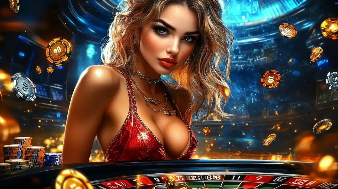 Mulher loira atraente em um vestido vermelho sensual está em frente a uma mesa de roleta no cassino 919bet, cercada por fichas e moedas de ouro que representam grandes vitórias.