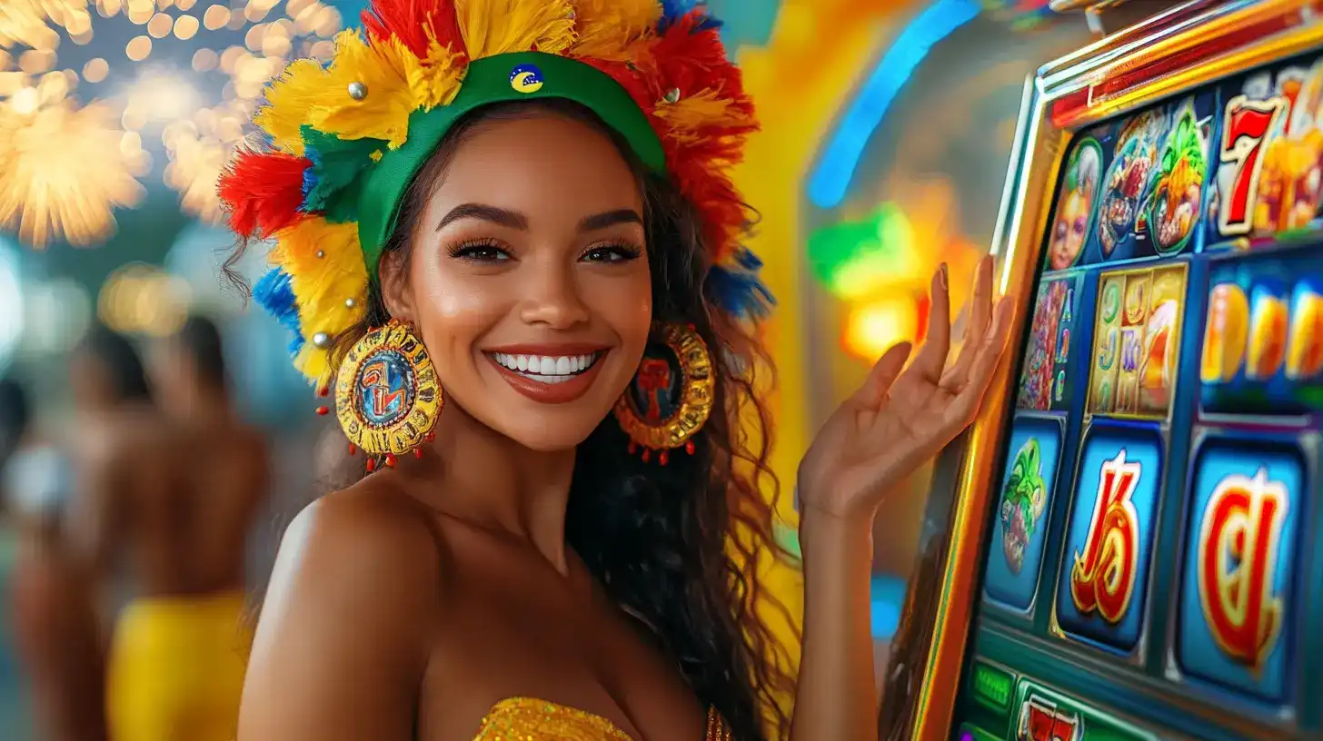 Mulher feliz com um cocar de carnaval colorido e brincos grandes apresenta uma máquina de caça-níquel, simbolizando a festa e a diversão dos jogos de cassino no site 919bet.