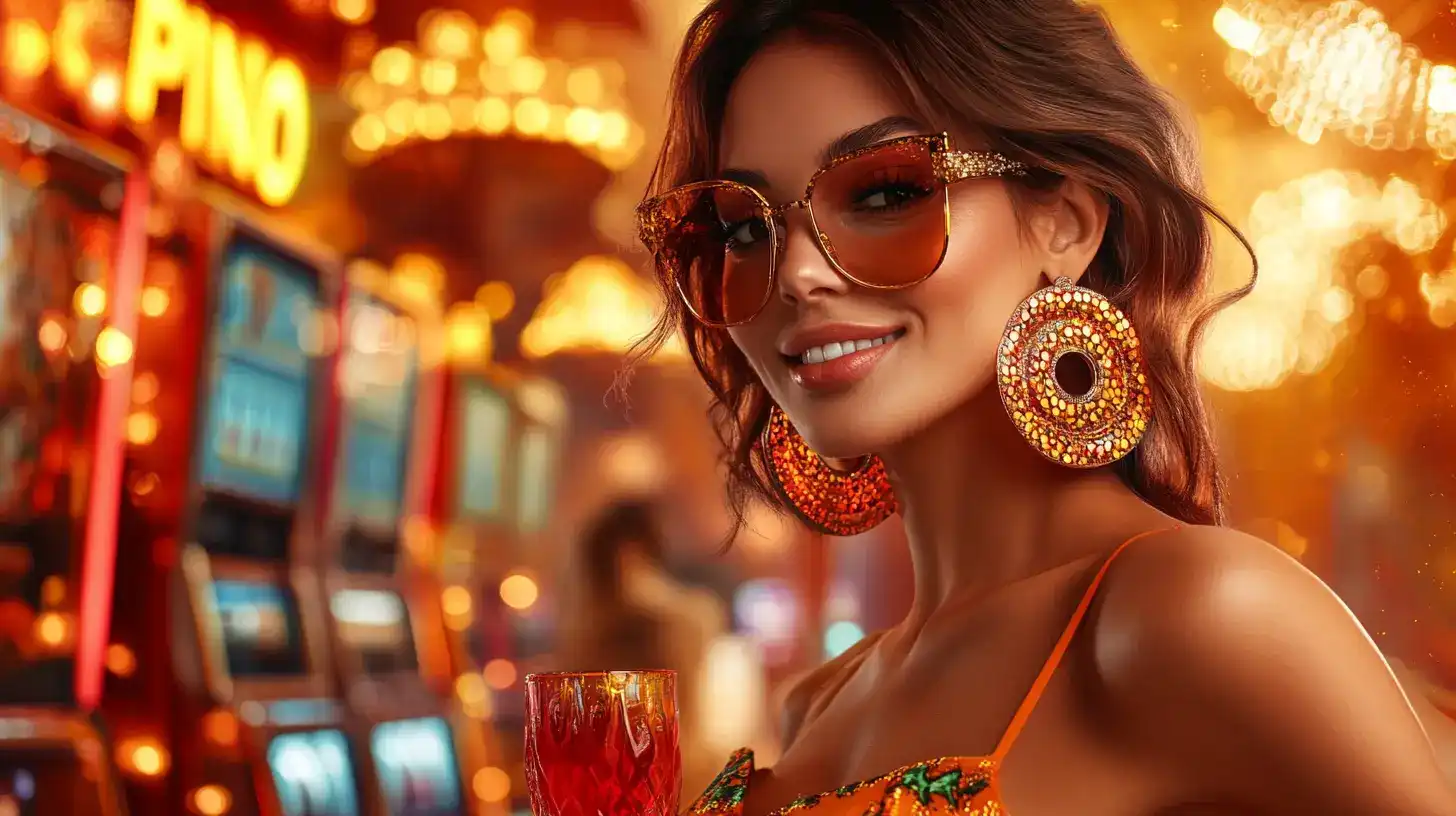 Mulher estilosa com óculos de sol e brincos grandes sorri em um cassino de luxo, com luzes vibrantes e máquinas de slots ao fundo, representando a experiência VIP na 919bet.