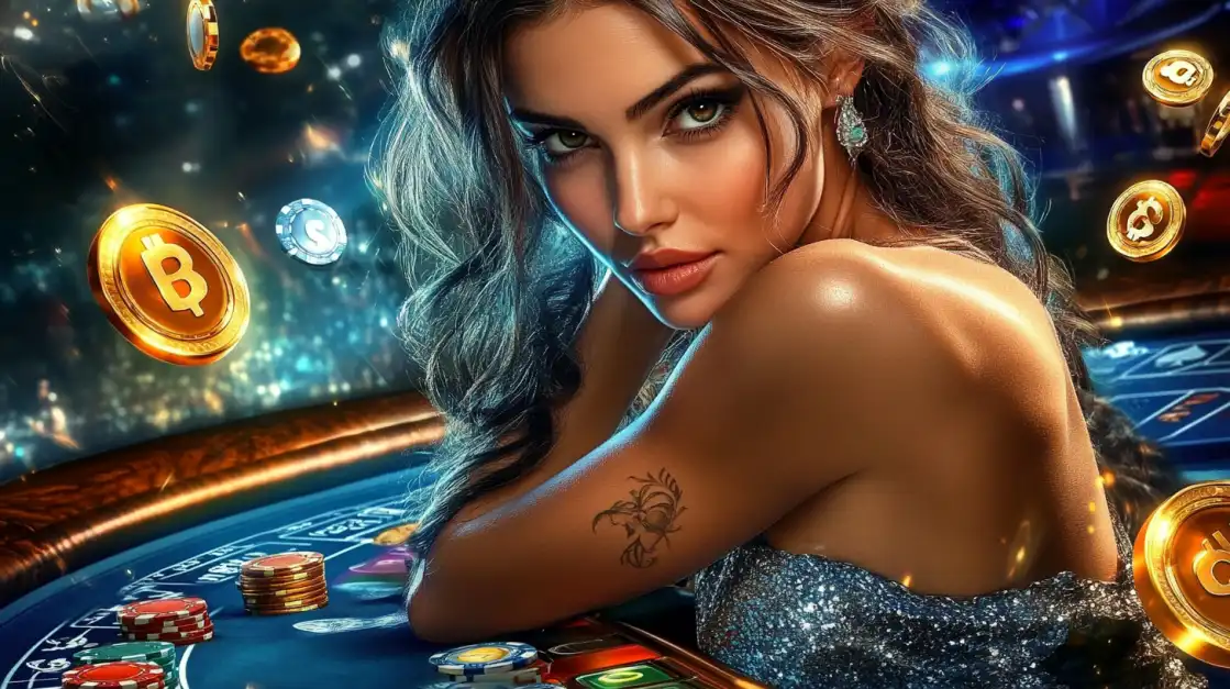 Mulher com uma tatuagem no braço em uma mesa de jogo no cassino 919bet, com moedas de Bitcoin e fichas flutuando, representando a modernidade das apostas com criptomoedas.