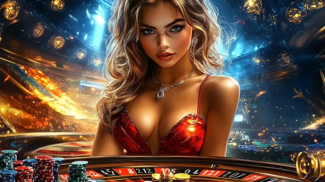 Uma mulher elegante de cabelo loiro e vestido vermelho olha para a câmera em frente a uma mesa de roleta no cassino online 919bet, com muitas fichas prontas para a aposta.