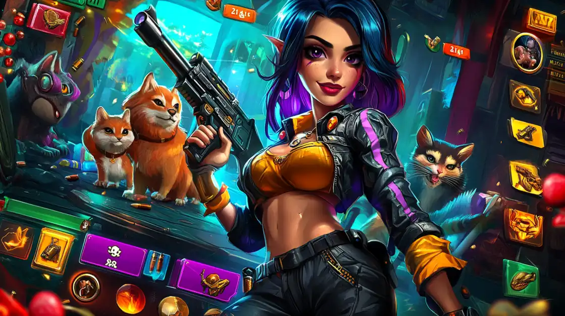 Personagem feminina de estilo anime com cabelo roxo e uma arma, cercada por gatos em um jogo de caça-níquel cheio de ação, uma das muitas opções de slots emocionantes no 919bet.