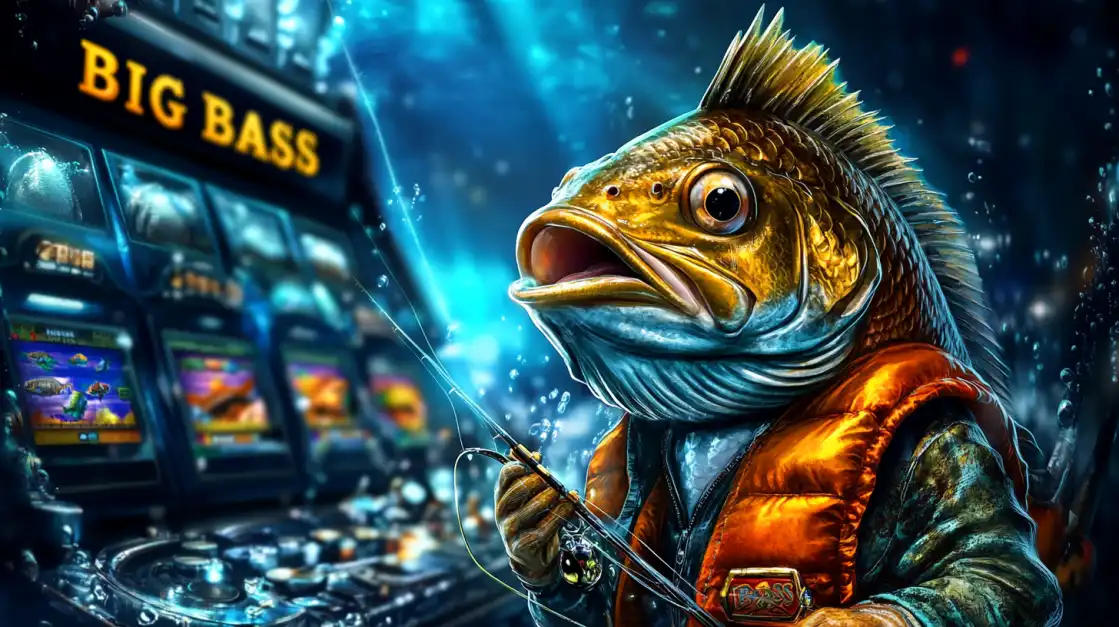 Um peixe com corpo de pescador segura uma vara de pescar em frente a uma máquina caça-níquel do jogo Big Bass, disponível para jogar e ganhar grandes prêmios no cassino online 919bet.