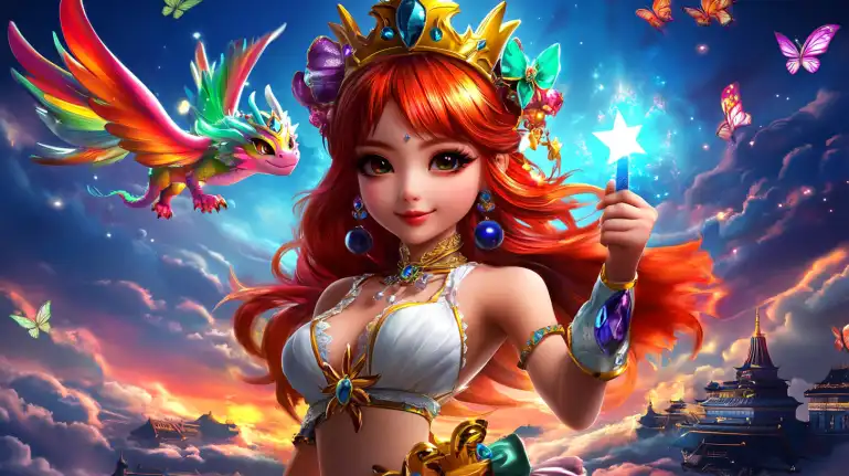 A Princesa Starlight, do popular jogo de caça-níquel da Pragmatic Play, com seu cabelo vermelho e um dragão colorido, oferecendo ganhos mágicos para os jogadores do cassino 919bet.