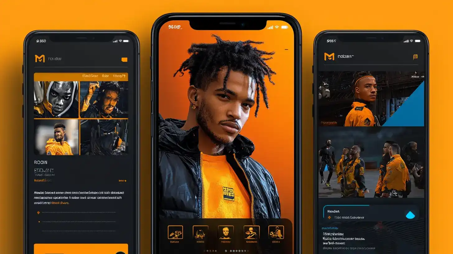 Interface do aplicativo móvel 919bet exibida em três smartphones, mostrando um design moderno com tema escuro e detalhes em laranja, focado em perfis de atletas e usabilidade.