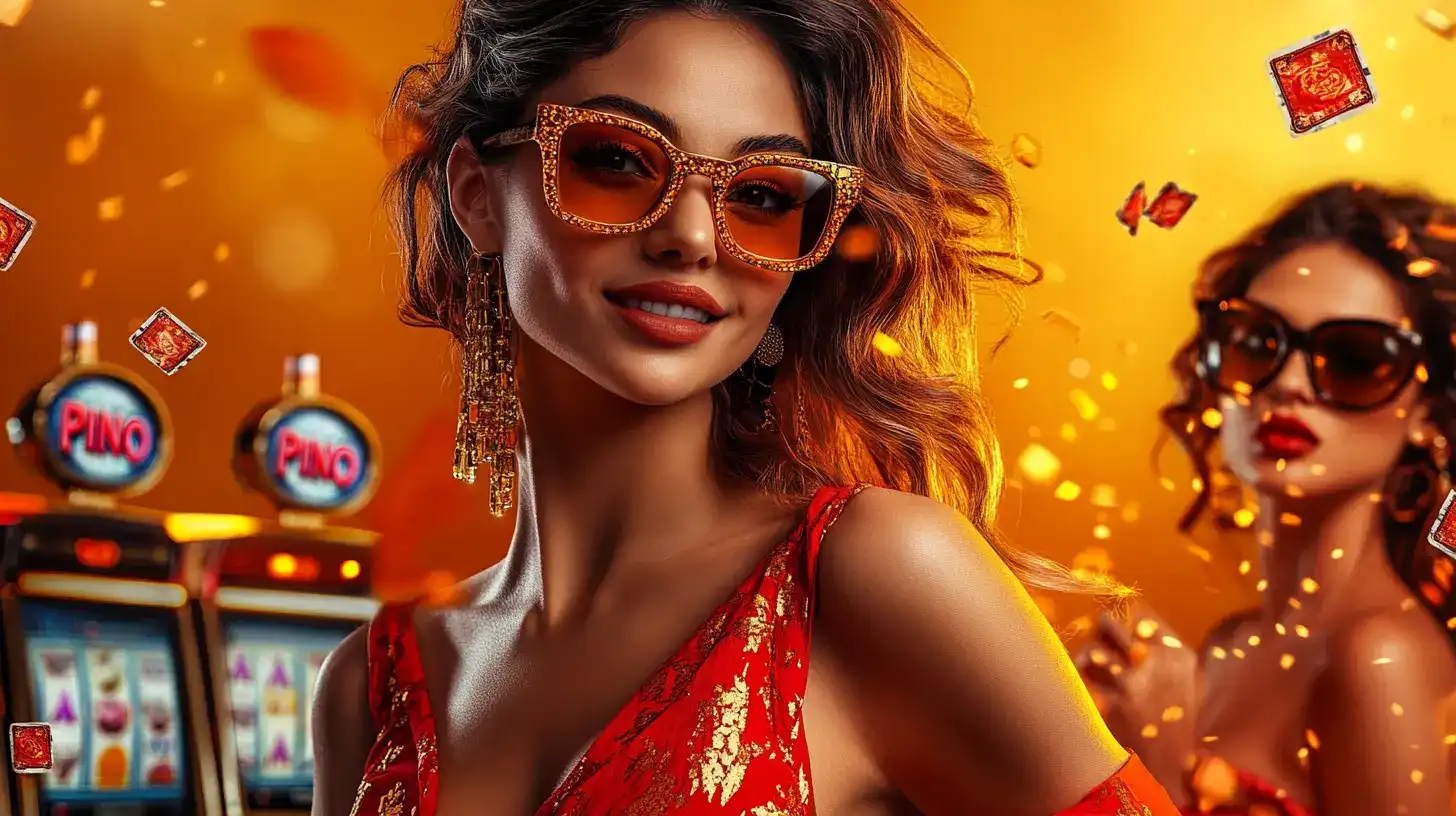 Mulher sorridente usando óculos de sol estilosos e brincos grandes em um ambiente de cassino vibrante do 919bet, com máquinas caça-níqueis e confetes ao fundo.