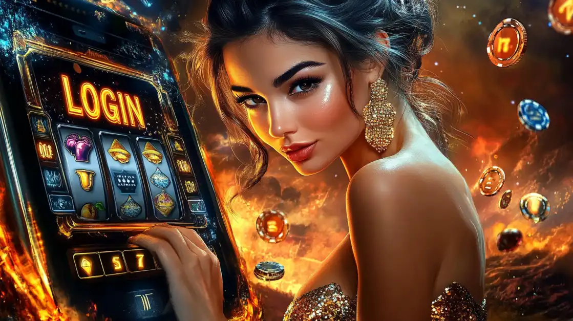 Mulher atraente ao lado de uma máquina caça-níquel com a palavra LOGIN em destaque, convidando os jogadores a se registrarem e jogarem na plataforma de cassino online 919bet.
