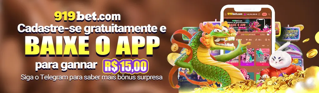 Banner promocional da 919bet oferecendo R$ 15,00 de bônus para novos usuários que se cadastrarem e baixarem o aplicativo, com um dragão e um coelho ao lado de um smartphone.