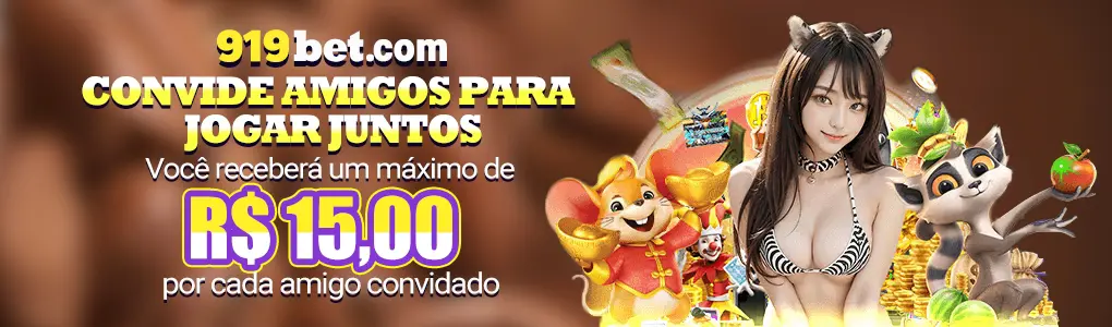 Banner do programa 'Convide Amigos' da 919bet, que oferece um bônus de até R$ 15,00 por cada amigo indicado para jogar, com personagens de jogos e uma modelo.